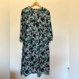 J.Jill Midi Dress M Linen Blend Floral Women Dress V-Henley Neck Beachy Resort